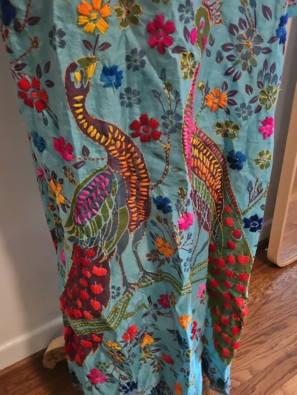 Turquoise Floral Embroidered Peacock Robe Kimono